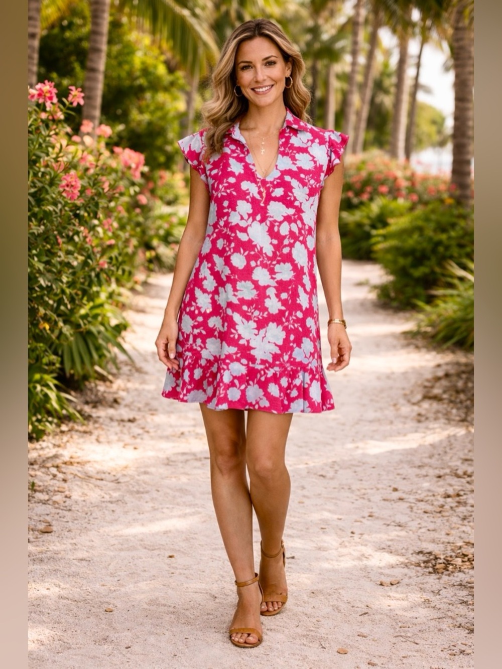 Studio 1886 Pink/Red & Blue Floral V-Neck Ruffle Hem Dress